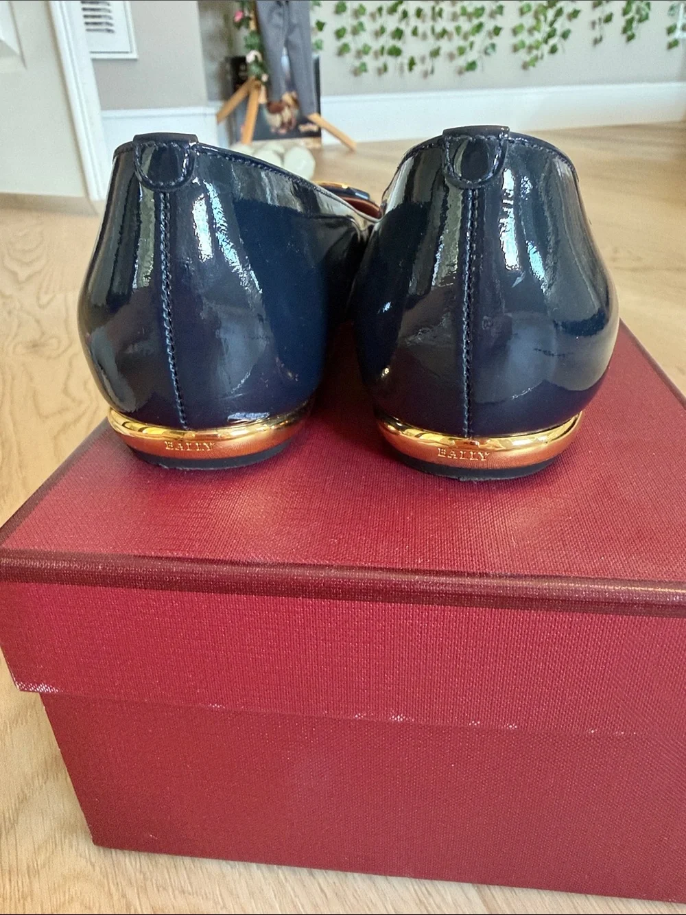 Bally Navy Lamb Patent Leather Square-Buckle Flats